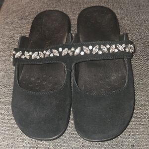 Vionic Black Suede Slide Sandals with Crystal Embellishment